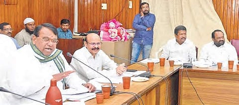 Assembly Speaker Pocharam Srinivas Reddy speaks during the meeting