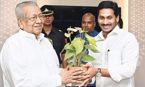 CM Jagan Mohan Reddy greets Governor Biswabhusan Harichandan in Vijayawada on Monday| Express