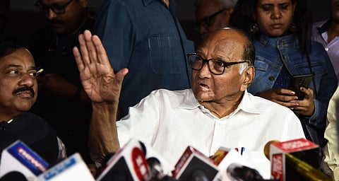 NCP chief Sharad Pawar addresses a press conference after a meeting with Congress President Sonia Gandhi to discuss government formation in Maharashtra in New Delhi on Monday Nov. 18 2019. | (Photo | Praveen Negi/EPS)