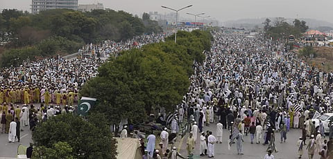 Supporters of a Pakistani radical Islamist party 'Jamiat Ulema-e-Islam' participate in an anti-government march, in Islamabad, Pakistan, Friday, Nov. 1, 2019. (Photo | AP)