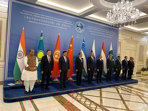 Union defence minister Rajnath Singh with heads of Governement of SCO at Tashkent, Uzbekistan. (Photo | Ministry of Defence)