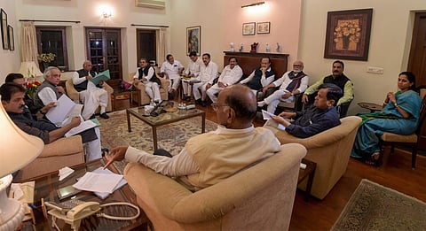 Sharad Pawar and Congress leaders during a meet in New Delhi for Maharashtra government formation. (Photo | PTI)