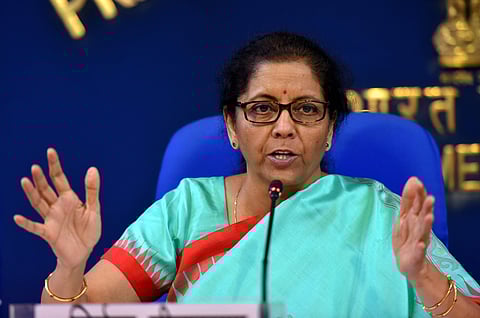 Union Finance Minister Nirmala Sitharaman addresses the media after a cabinet meeting in New Delhi. (Photo | PTI)