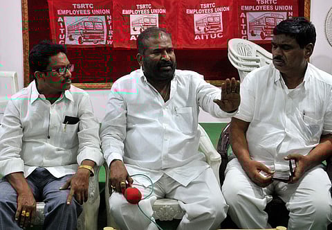 TSRTC JAC leaders has offered to withdraw the strike provided RTC management inducts them back into the service unconditionally, during the press meet at the Employment Union office in Hyderabad on Wednesday. (Photo | S Senbagapandiyan, EPS)