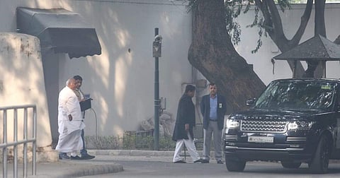 Senior Congress leader Mallikarjun Kharge and Ahmed Patel leave after the CWC meeting at Sonia Gandhi's residence in New Delhi on Thursday. | (Photo | Shekhar Yadav/EPS)