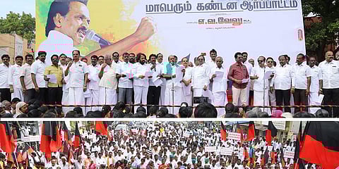 DMK demonstration held at Tiruvannamalai town. (Photo | Special Arrangement)