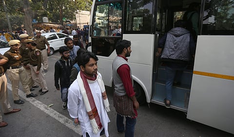 JNU students comes out after meeting with HRD minister at shastri bhawan in New Delhi on Wednesday. | (Photo | Arun Kumar P/EPS)