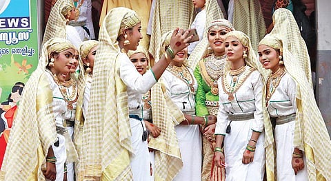 Students of GHSS North Paravoor taking a selfie before entering the stage for the oppana competition | Arun Angela