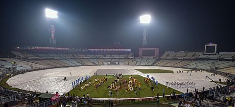 Artists rehearse on the eve of the 1st pink-ball day/night cricket test match between Bangladesh and India at Eden Garden in Kolkata. (Photo | PTI)