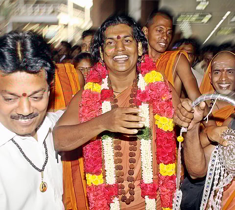 Self-styled Godman Nithyananda arriving from his trip to the Himalayas in Chennai. (Photo | Martin Louis, EPS)