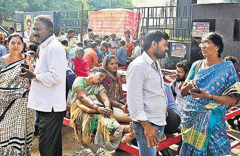 A day after TSRTC JAC offered to withdraw strike, the transport corporation employees wait at the Ranigunj bus depot in Hyderabad on Thursday