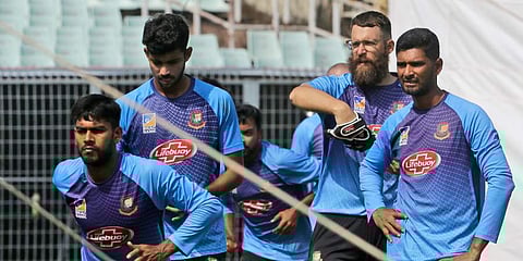 Bangladesh spin coach Daniel Vettori with his bowlers during a practice session in Kolkata. (Photo | AP)