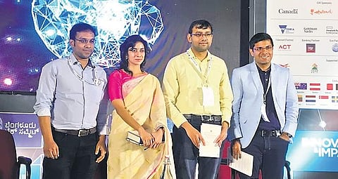 Some of the speakers on stage at the Bengaluru Tech Summit on Thursday. (Photo | EPS)