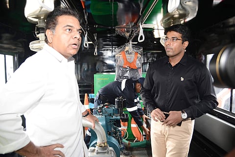 MAUD Minister KT Rama Rao during the launching of eight new DRF vehicles in Hyderabad on Thursday