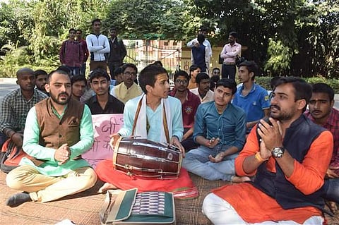 Students protesting at BHU against the appointment of Prof Firox Khan in the Sanskrit department. (Photo | Express)