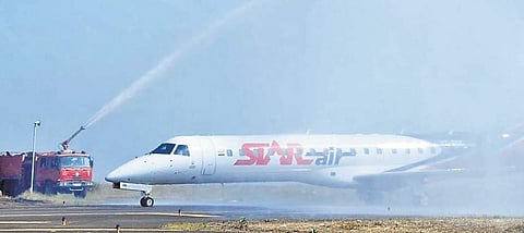 The maiden flight to Kalaburagi Airport from Bengaluru was given a traditional water cannon salute upon its arrival, on Friday