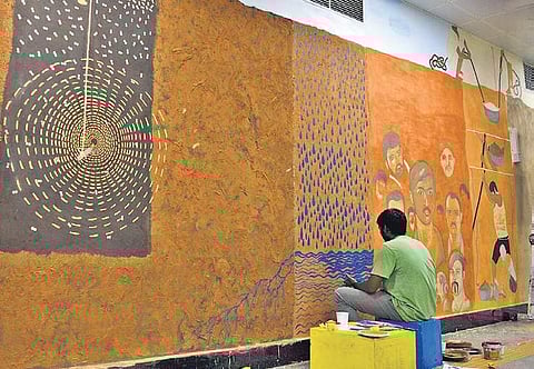 The mud murals at the Metro station were made by more than 50 students from Srishti School of Art, Design and Technology