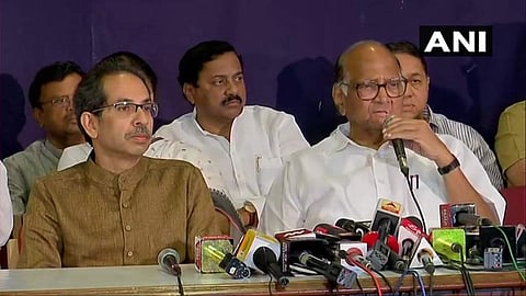 The joint press meet by Shiv Sena chief Uddhav Thackeray and NCP leader Sharad Pawar. (Photo | ANI Twitter)