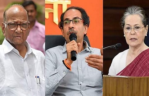 NCP chief Sharad Pawar(L), Shiv Sena chief Uddhav Thackeray (M) and Congress interim president Sonia Gandhi.