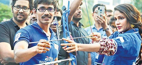Lavanya Tripathi tries her hand at archery at a sporting event organised by Aditya Mehta Foundation (AMF) at Raheja Mindspace on Friday