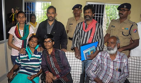 Gayatri Tanthi with her family members at DIG office in Tiruchy on Saturday.
