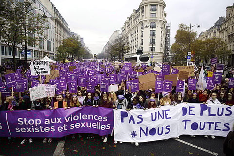 Women hold placards with the names of the women killed by their husband since the beginning of the year, as they march against domestic violence, in Paris. (Photo | AP)