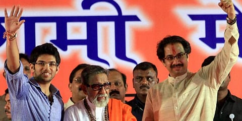 Then Shiv Sena chief Bal Thackeray along with his son, Shiv Sena executive president Uddhav Thackeray and grandson, Yuva Sena President Aditya Thackeray during the party's Dusshera rally. (File Photo | PTI)