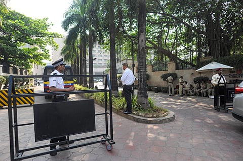 Security outside Lalit Hotel where Shiv Sena and NCP MLAs have been recently shifted in Andheri Mumbai. (Photo| PTI)