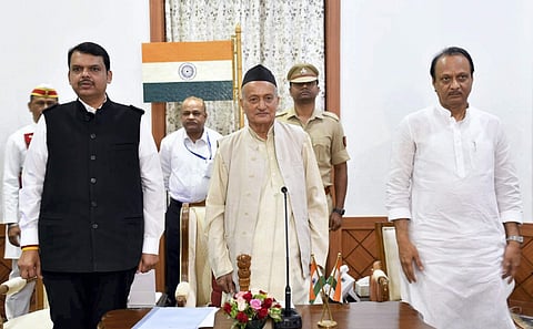 Maharashtra Governor Bhagat Singh Koshyari with Devendra Fadnavis and Ajit Pawar in Mumbai on Saturday | PTI