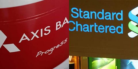 Logos of Axis Bank (L) and Standard Chartered