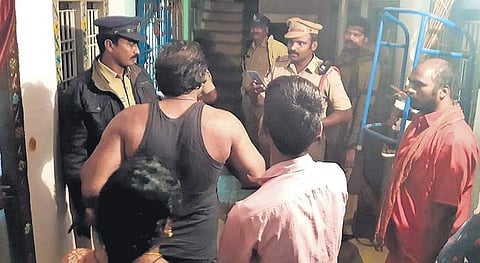 Police personnel conducting search at YSR Colony in Gunadala on Sunday. (Photo | EPS)