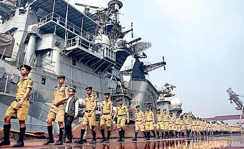 NCC cadets visit INS Rana at Paradip Port on Sunday. (Photo | Biswanath Swain, EPS)