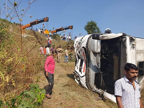 Two persons were killed after a bus overturned in Pune. (Photo| ANI Twitter)