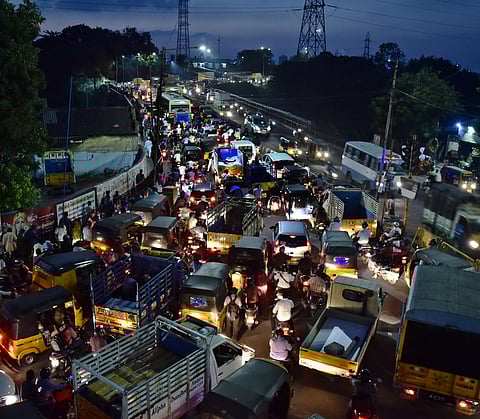 Vehicles crawling on the Basin Bridge due to congestion on Monday. (Photo| P Jawahar, EPS)