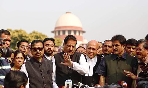 Congress leader prithviraj Chavan, Abhishek Manu Singhvi, KC Venugopal, Mukul Wasnik and Shiv Sena MP Gajanan kirtikar addresses media at Supreme Court of India in New Delhi on Tuesday. (Photo | Arun Kumar, EPS)