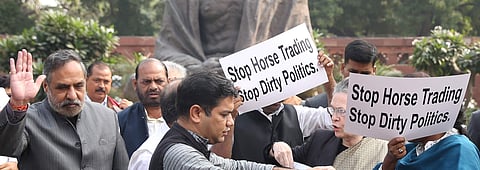 Congress President Sonia Gandhi, senior party leader Anand Sharma and others during a protest against Maharashtra government formation issue at Parliament premises in New Delhi on Monday Nov. 25 2019. (Photo | Shekhar Yadav/EPS)