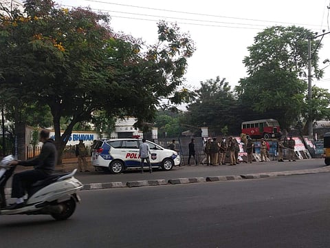The workers were frisked and checked for their ID and if found to be a permanent staff, were turned away. (Photo | EPS)