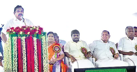 Chief Minister Edappadi K Palaniswami addressing AIADMK cadre at Manjakuppam in Cuddalore on Monday after inaugurating a memorial for freedom fighter SS Ramasamy Padayachiyar (Photo | EPS)
