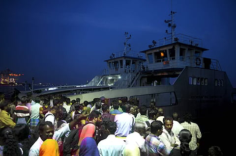 The Ro-Ro, which developed a snag, being towed to Vypeen jetty (Photo | A Sanesh, EPS)