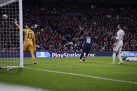 PSG's Neyma celebrates after his teammate Pablo Sarabia scored their second goal against Real Madrid. (Photo | AP)