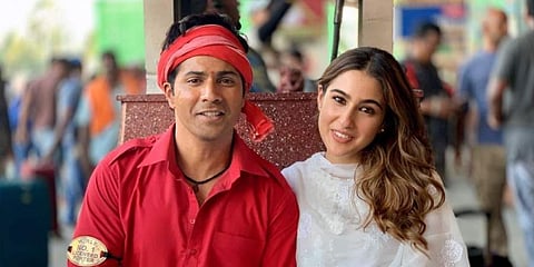 Varun Dhawan and Sara Ali Khan on the sets of Coolie No. 1 (Photo | Twitter)