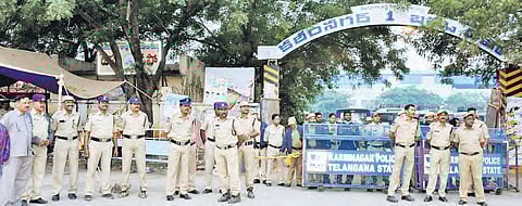 Police bandobast at the Karimnagar depot on Tuesday