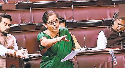 Finance Minister Nirmala Sitharaman speaking in the Rajya Sabha (Photo| PTI)