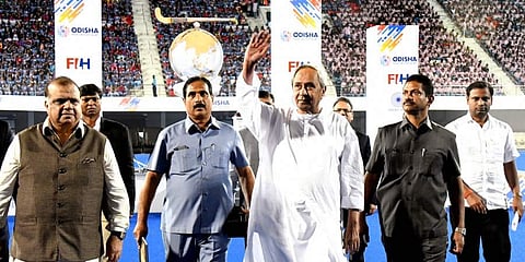 Odisha CM Naveen Patnaik with FIH President Narinder Batra and others at the announcement of Odisha to host Hockey Men's World Cup 2023 at the Kalinga Stadium in Bhubaneswar. (Photo | PTI)