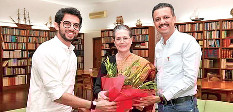 Aaditya Thackeray meets Sonia Gandhi to invite her for the oath ceremony of his father and Sena chief Uddhav Thackeray | pti