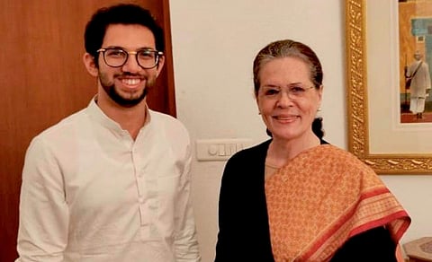 Shiv Sena leader Aaditya Thackeray invites Congress President Sonia Gandhi to attend the oath ceremony of his father and party chief Uddhav Thackeray as Maharashtra Chief Minister in New Delhi Wednesday Nov. 27 2019. (Photo | Twitter)