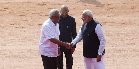 Sri Lankan President Gotabaya Rajapaksa with President of India Ram Nath Kovind (C) and Prime Minister Narendra Modi (Photo | Shekhar Yadav, EPS)