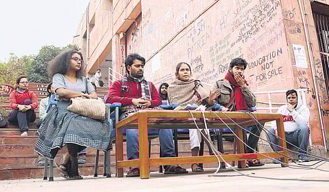 JNUSU president Aishe Ghosh along with other students addresses the media at JNU campus on Thursday. (Photo | Shekhar Yadav, EPS)