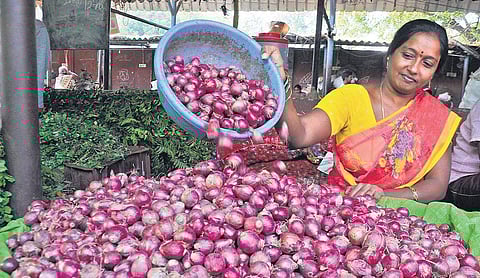 A vendor selling onions at the Patamata rythu bazar in Vijayawada on Friday (Photo | Prasant Madugula)
