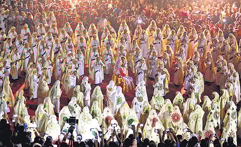 Three-hundred girls of Government High School, Thachangad, perform a mega oppana set to Sanskrit lyrics, on the sidelines of the 60th State School Arts Fest in Kanhangad on Thursday